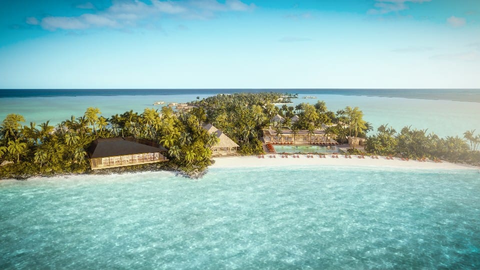 Bvlgari Resort Ranfushi rendering — Raa Atoll overwater villa with the brand's signature circular motif